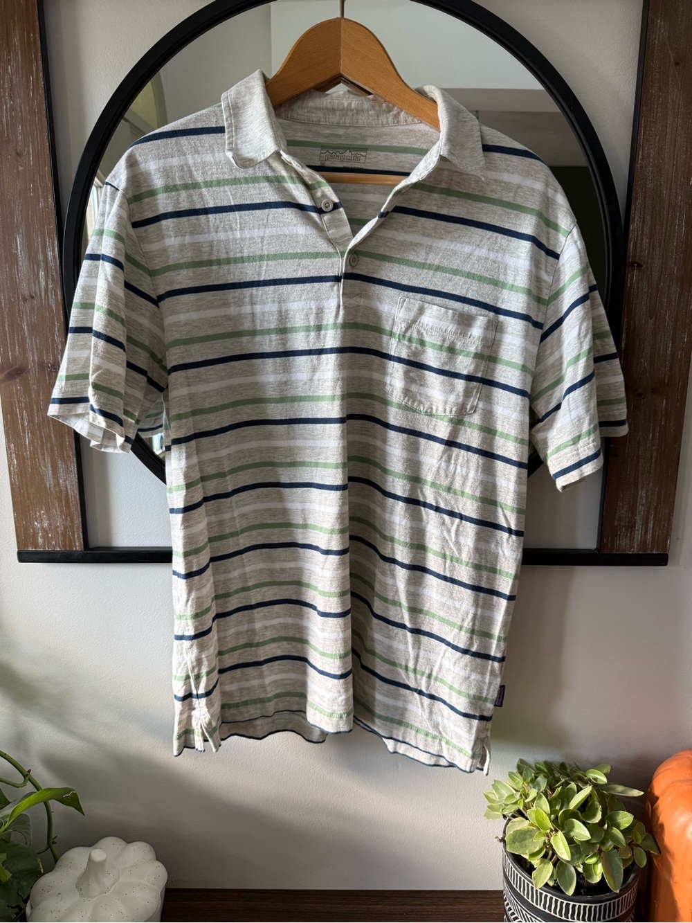 Men's patagonia Striped Polo Shirt - White with Navy & Green Stripes